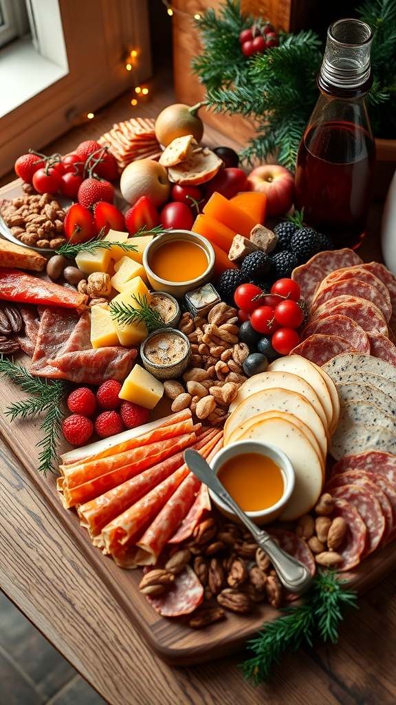 A festive charcuterie board featuring meats, cheeses, fruits, and nuts, perfect for Christmas gatherings.